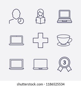 Outline 9 cup icon set. user clock, laptop, plus, award, tea cup and read the book vector illustration