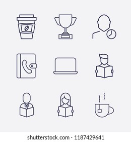 Outline 9 cup icon set. coffee cup, phone book, tea, user clock, award cup, reading a book, laptop and read the book vector illustration