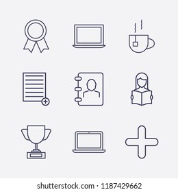 Outline 9 cup icon set. plus, tea, laptop, read the book, add document, award cup, phone book and award vector illustration