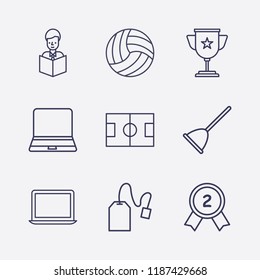 Outline 9 cup icon set. winner cup, tea bag, football field, laptop, award, toilet pump, volleyball ball and reading a book vector illustration
