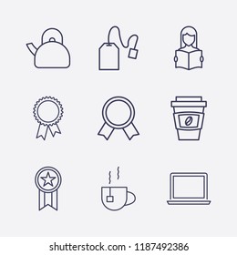Outline 9 cup icon set. coffee cup, teapot, laptop, award, tea bag, read the book and tea vector illustration