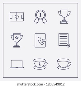 Outline 9 cup icon set. football pitch, winner cup, add document and laptop vector illustration