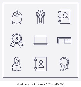 Outline 9 cup icon set. laptop, desk, award and read the book vector illustration