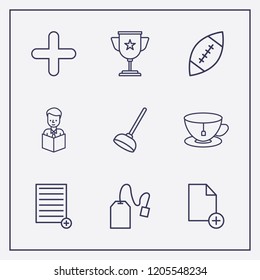 Outline 9 cup icon set. reading a book, add document, toilet pump and document add vector illustration