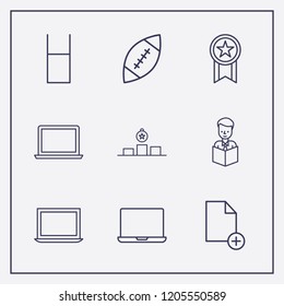 Outline 9 cup icon set. laptop, award, reading a book and water glasses vector illustration