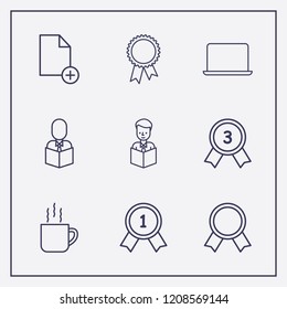 Outline 9 cup icon set. award, document add, tea cup and laptop vector illustration