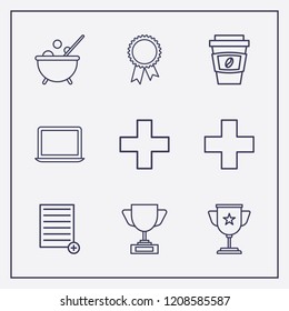 Outline 9 cup icon set. add document, plus, halloween caldron and laptop vector illustration