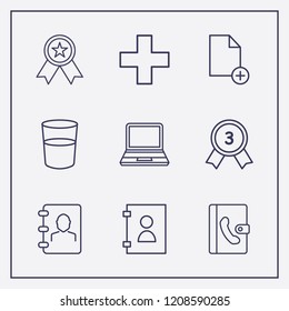 Outline 9 cup icon set. award, phone book, laptop and document add vector illustration