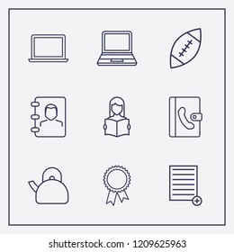 Outline 9 cup icon set. rugby, award, phone book and read the book vector illustration
