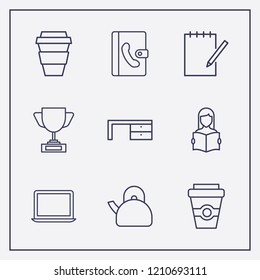 Outline 9 cup icon set. laptop, notebook edit, teapot and desk vector illustration