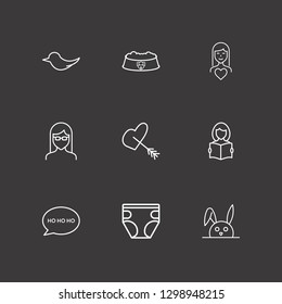 Outline 9 cute icon set. diapers, woman in love, rabbit and bird vector illustration