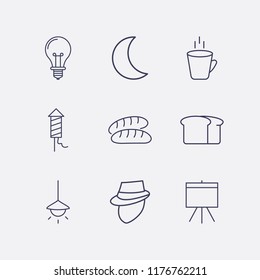 Outline 9 dark icon set. fireworks, hot cup, lamp, bread, board, moon, chandelier and detective vector illustration
