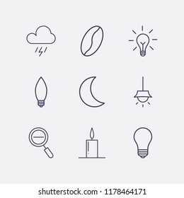 Outline 9 dark icon set. candle, lamp, moon, zoom out, coffee bean, chandelier and storm vector illustration