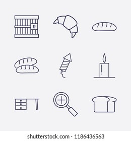Outline 9 dark icon set. bread, table, zoom, jail, fireworks, candle and croissant vector illustration