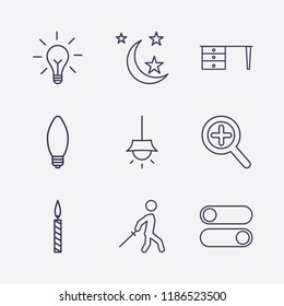 Outline 9 dark icon set. table, moon, samurai, lamp, switch button, candle, zoom and chandelier vector illustration