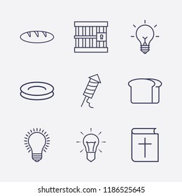 Outline 9 dark icon set. bread, jail, lamp, bible, fireworks and plate vector illustration