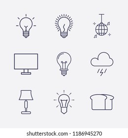 Outline 9 dark icon set. lamp, lampshade, storm, bread, disco ball and monitor vector illustration