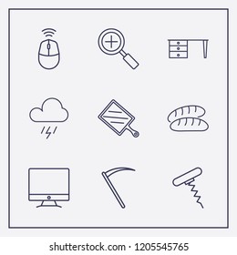 Outline 9 dark icon set. storm, corkscrew, halloween scythe and kitchen board vector illustration