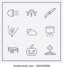 Outline 9 dark icon set. halloween grave, cosmos, soldier knife and ufo vector illustration