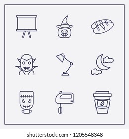 Outline 9 dark icon set. halloween pumpkin, bread, desktop lamp and board vector illustration