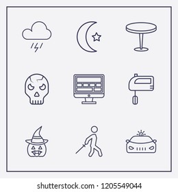 Outline 9 dark icon set. police car, islam moon, storm and halloween pumpkin vector illustration
