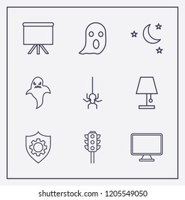 Outline 9 dark icon set. board, lampshade, halloween spider and monitor vector illustration