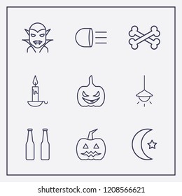 Outline 9 dark icon set. halloween vampire, halloween pumpkin, halloween bone and beer bottle vector illustration