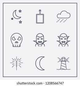 Outline 9 dark icon set. sparkler, raining, lighthouse and kitchen board vector illustration