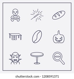 Outline 9 dark icon set. halloween pumpkin, halloween skeleton, bread and sparkler vector illustration