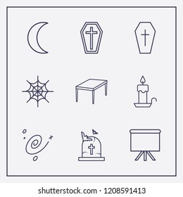 Outline 9 dark icon set. moon, halloween grave, cosmos and halloween coffin vector illustration