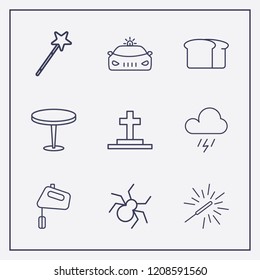 Outline 9 dark icon set. halloween magical wand, police car, halloween grave and halloween spider vector illustration