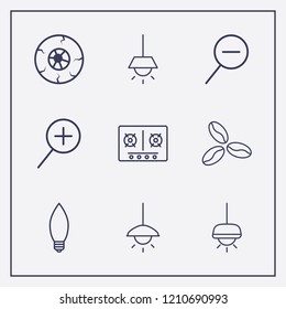 Outline 9 dark icon set. lamp, zoom out, coffee bean and halloween eye vector illustration