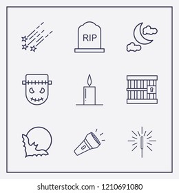 Outline 9 dark icon set. halloween grave, star fall, jail and candle vector illustration