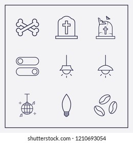 Outline 9 dark icon set. switch button, coffee bean, chandelier and halloween grave vector illustration
