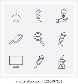 Outline 9 dark icon set. fireworks, zoom out, halloween witch costume and hand with lamp vector illustration