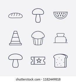 Outline 9 delicious icon set. cone, bread, popcorn, mushroom, watermelon, toster and movie ticket vector illustration