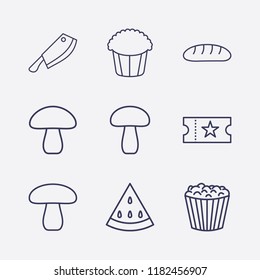 Outline 9 delicious icon set. watermelon, meat knife, bread, movie ticket, mushroom and popcorn vector illustration