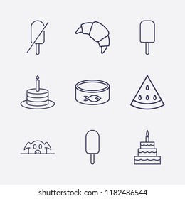 Outline 9 delicious icon set. croissant, pork, ice cream, fish canned, watermelon, birthday cake and forbidden ice cream vector illustration