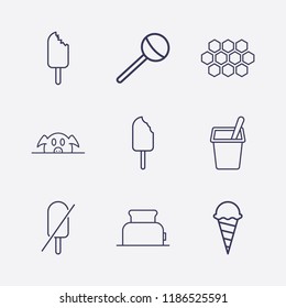 Outline 9 delicious icon set. lollipop, honeycomb, pork, yogurt, forbidden ice cream, ice cream and toster vector illustration