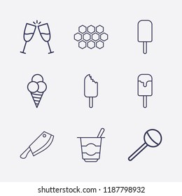 Outline 9 delicious icon set. yogurt, lollipop, toast, meat knife, honeycomb and ice cream vector illustration