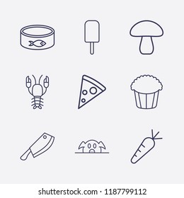 Outline 9 delicious icon set. lobster, ice cream, carrot, pork, meat knife, fish canned, mushroom, pizza and popcorn vector illustration