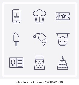 Outline 9 delicious icon set. smartphone with birthday cake, food menu, movie ticket and grater vector illustration