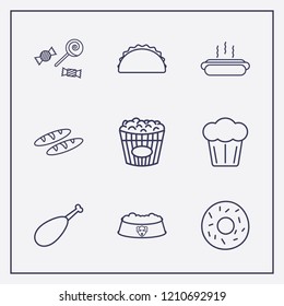 Outline 9 delicious icon set. animal dish, sandwich, halloween candy and donut vector illustration