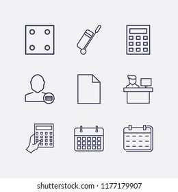 Outline 9 desk icon set. calculator, travel bag, hand with calculator, dice, calendar, reception, document and user payment vector illustration