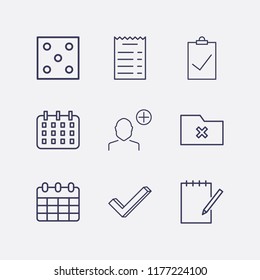 Outline 9 desk icon set. money check, remove folder, calendar, dice, check, clipboard check, add user and notebook edit vector illustration