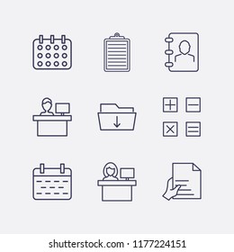 Outline 9 desk icon set. reception, phone book, calculator, calendar, clipboard, hand with document and download folder vector illustration