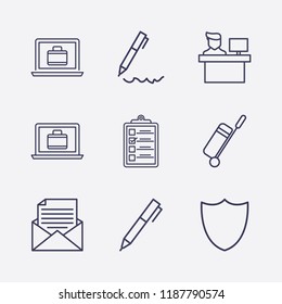 Outline 9 desk icon set. mail document, laptop with suitcase, clipboard, check, travel bag, pen and reception vector illustration