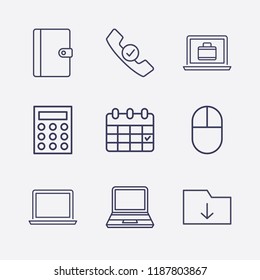 Outline 9 desk icon set. laptop, download folder, click, calculator, calendar, notebook, laptop with suitcase and handset check vector illustration
