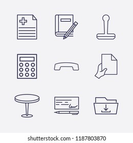 Outline 9 desk icon set. book and pencil, download folder, stamp, hang up, calculator, hand with document, medicine document, money check and table vector illustration