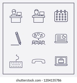 Outline 9 desk icon set. social campaign, laptop with analytic, laptop with suitcase and hang up vector illustration